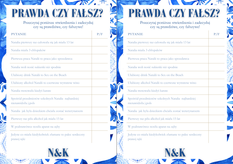 Prawda czy Fałsz Gry na grecki Wieczór Panieński Mamma mia kto zna lepiej pannę młodą do druku