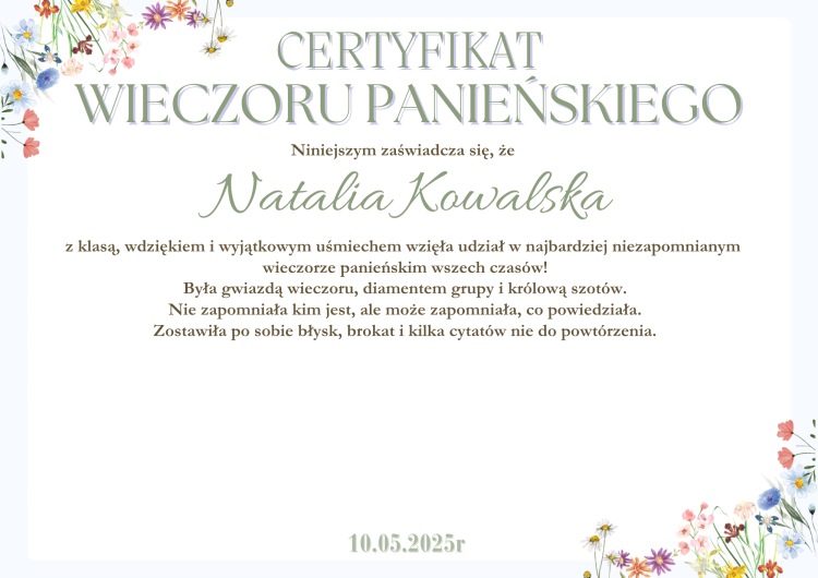 Certyfikat Wieczoru Panieńskiego, Pamiątka Wieczoru Panieńskiego