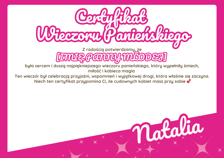 Certyfikat Wieczoru Panieńskiego Barbie, Pamiątka Wieczoru Panieńskiego Barbie