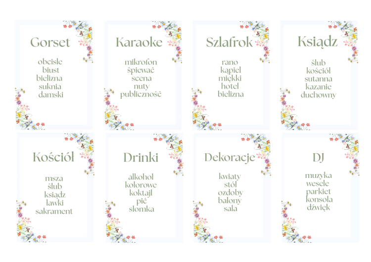 Gry na Wieczór Panieński, kwiaty, piknik, taboo wieczór panieński, zakazane słowa, pdf szablon canva