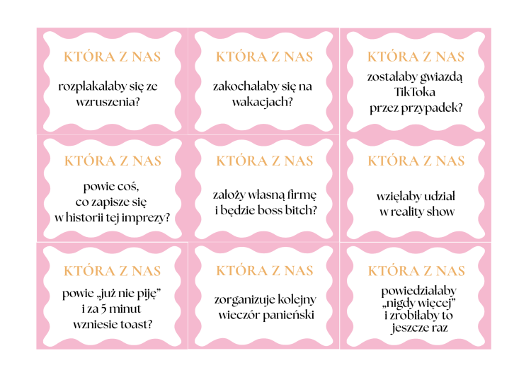 Gry na Wieczór Panieński, która z nas najprawdopodobniej, gry do druku, pdf,  szablon canva