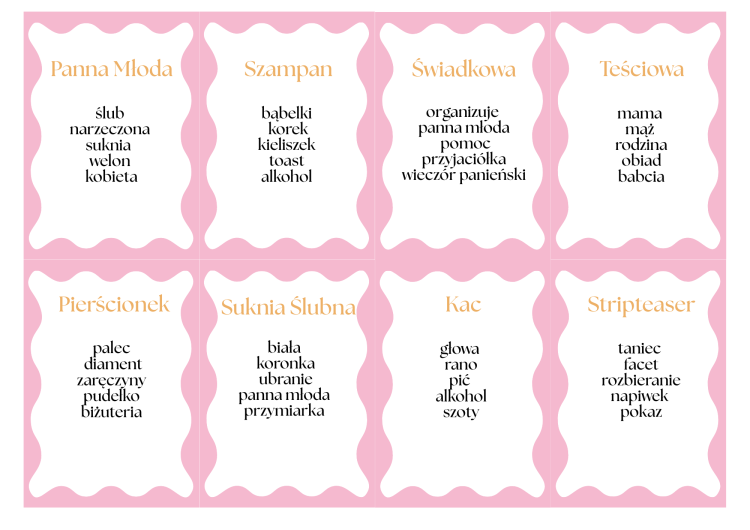 Gry na Wieczór Panieński, róż-pomarańcz, piknik, taboo wieczór panieński, zakazane słowa, pdf szablon canva