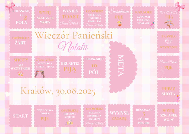 Gry na Wieczór Panieński,róż-pomarańcz, piknik, gra planszowa imprezowa do druku, szablon canva