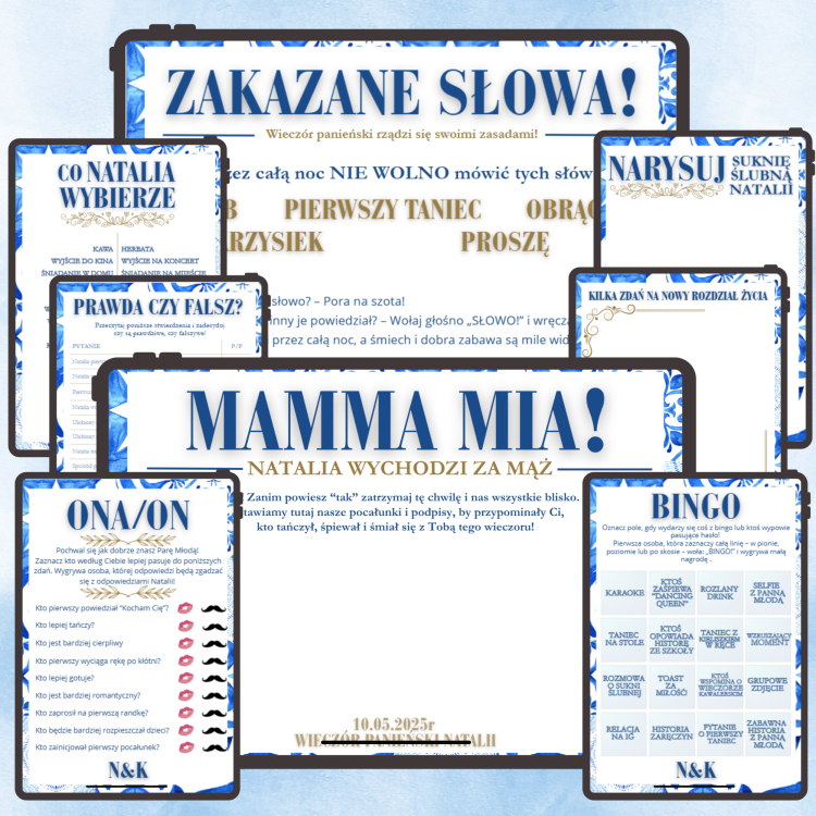 Zestaw gier na grecki Wieczór Panieński, szablon canva do druku, pdf , certyfikat wieczoru panieńskiego