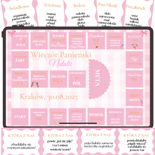 Zestaw Gier na Wieczór Panieński róż-pomarańcz, piknik, Planszówka taboo wieczór panieński, która z nas najprawdopodobniej, gry do druku, PDF szablon Canva