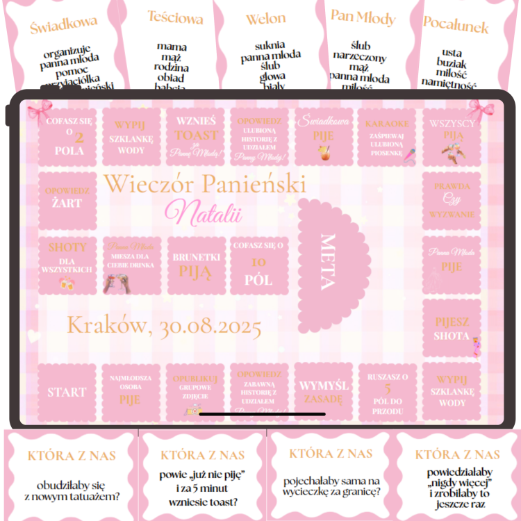 Zestaw Gier na Wieczór Panieński róż-pomarańcz, piknik, Planszówka taboo wieczór panieński, która z nas najprawdopodobniej, gry do druku, PDF szablon Canva