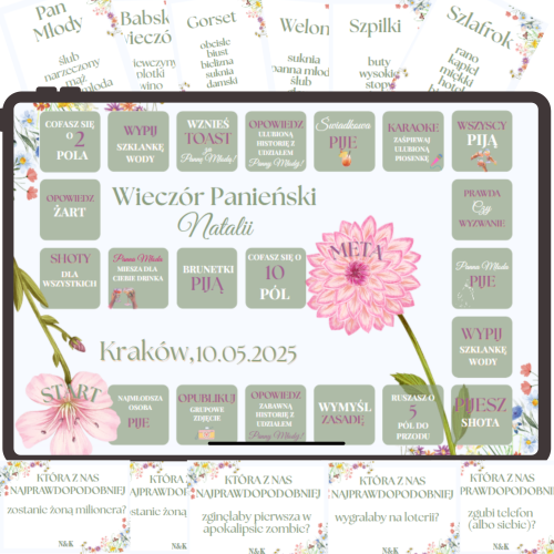 Zestaw Gier na Wieczór Panieński Kwiatowy, piknik, Planszówka taboo wieczór panieński, która z nas najprawdopodobniej, gry do druku, PDF szablon Canva