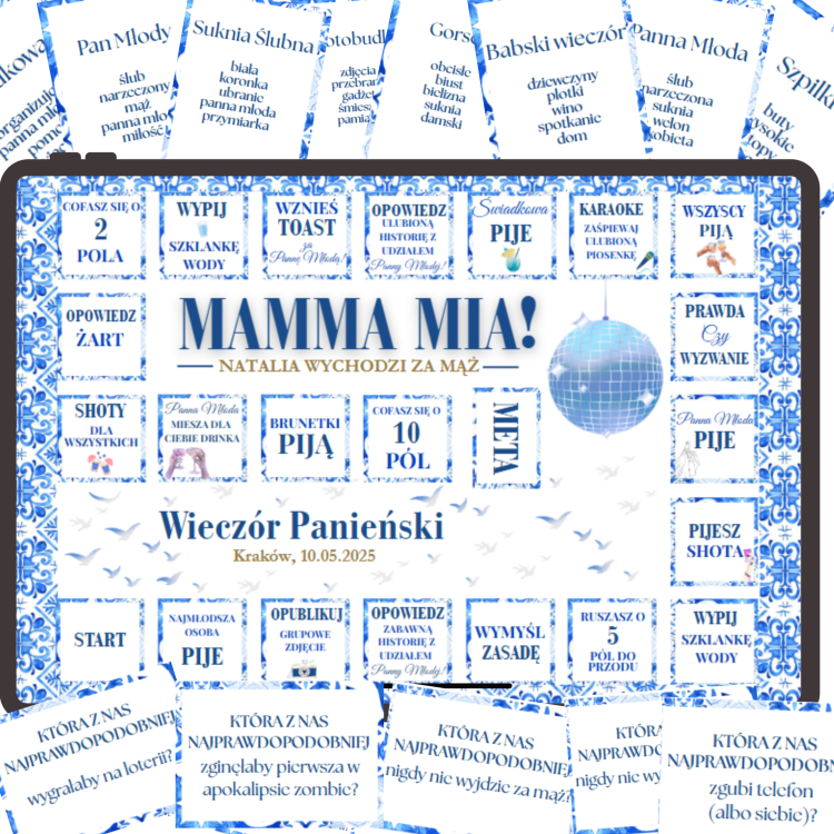 Zestaw Gier na Wieczór Panieński Mamma Mia, Grecki, Planszówka taboo wieczór panieński, która z nas najprawdopodobniej, gry do druku, PDF szablon Canva