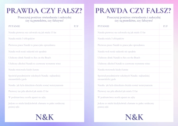 Gry na Wieczór Panieński Prawda fałsz - kto zna lepiej Pannę Młodą