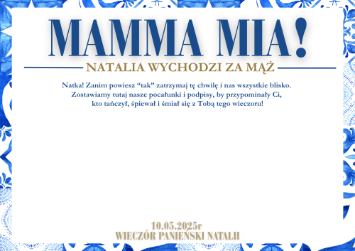Certyfikat greckiego Wieczoru Panieńskiego Mamma Mia, pamiątka wieczoru panieńskiego