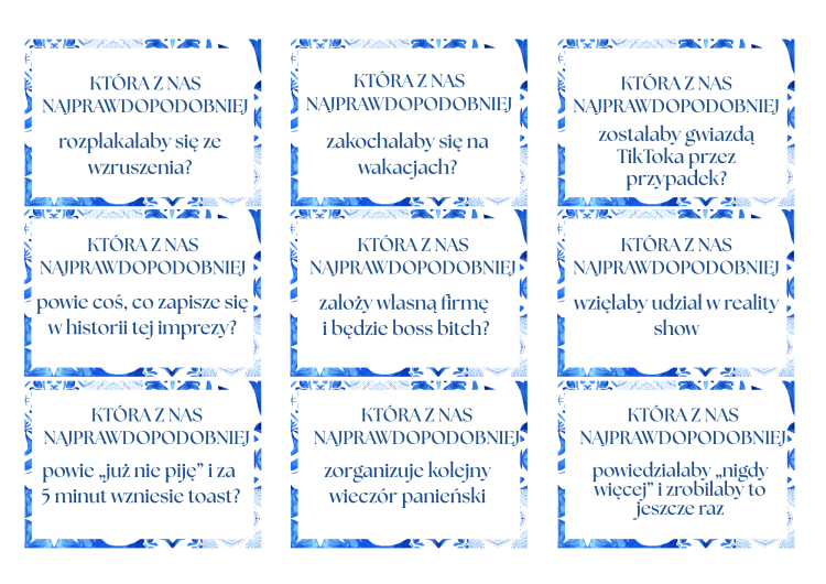 Gry na Wieczór Panieński, która z nas najprawdopodobniej, gry do druku, pdf,  szablon canva
