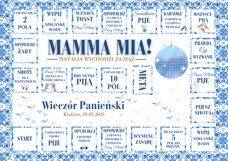 Gry na Wieczór Panieński, Mamma mia, grecki, gra planszowa imprezowa do druku, szablon canva