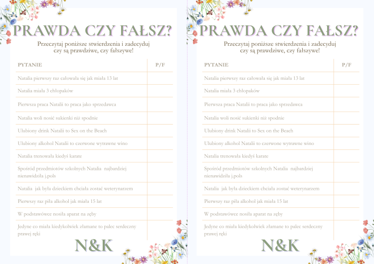 Prawda czy Fałsz Gry na  Wieczór Panieński kwiatowy