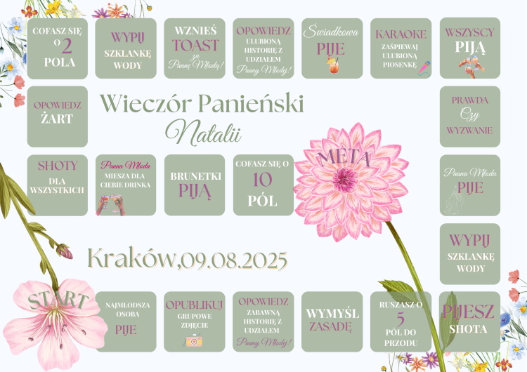 Gry na Wieczór Panieński, kwiatowy, gra planszowa imprezowa do druku, szablon canva
