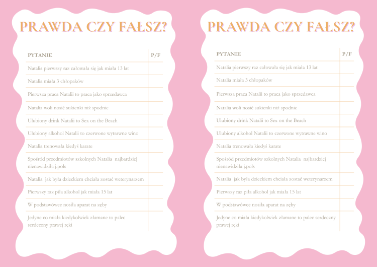 Prawda czy Fałsz Gry na  Wieczór Panieński róż-pomarańcz