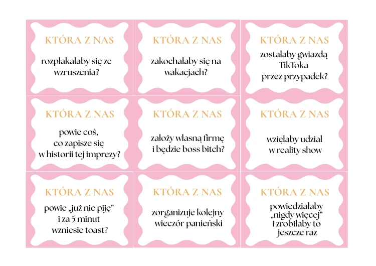 Gry na Wieczór Panieński róż-pomarańcz, która z nas najprawdopodobniej, gry do druku, pdf,  szablon canva