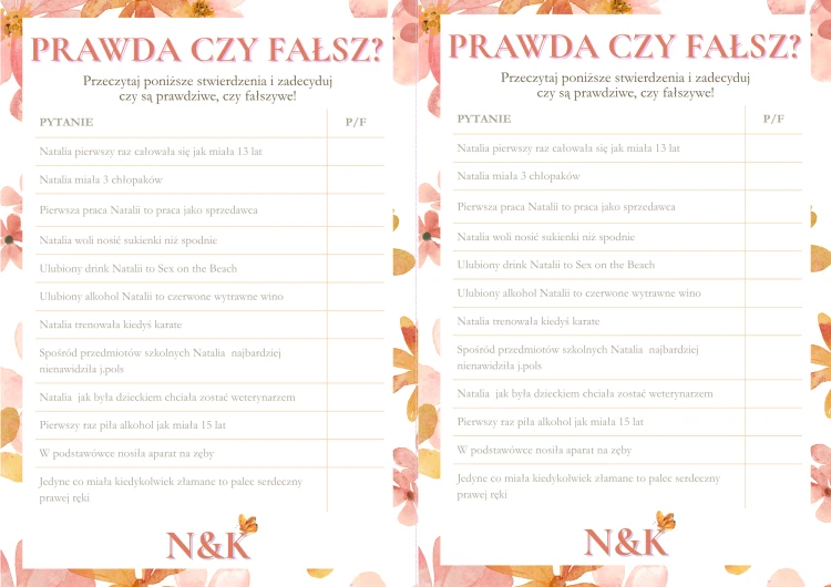 Prawda Fałsz Gry na wieczór panieński Kto lepiej zna Pannę Młodą